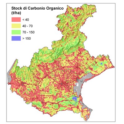 Distribuzione sul territorio regionale dello stock di carbonio organico (t/ha) nei primi 30 cm di suolo