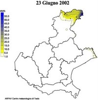 Mappa della precipitazione cumulata il 23 giugno 2002 sul Veneto. L'immagine evidenzia un nucleo di precipitazione intensa nella zona di Sappada.
