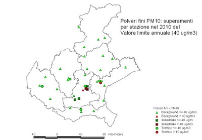 Mappa superamenti del Valore Limite di PM10, 2010 