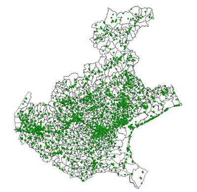 Mappa degli impianti SRB localizzati nel Veneto (aggiornamento dicembre 2010) . Immagine intera.