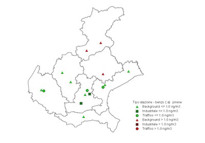 Mappa regionale delle stazioni di monitoraggio del Veneto che hanno superato, nel 2010, il Valore Obiettivo (VO) annuale di 1 ng/m3 per benzo(a)pirene.
