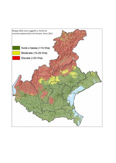 Mappa aree a rischio di erosione (potenziale), 2011.