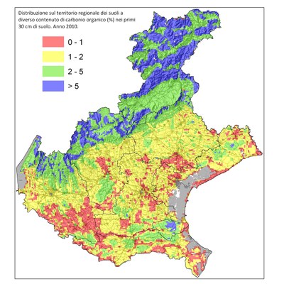 Carbonio organico nel suolo - mappa regionale, 2010