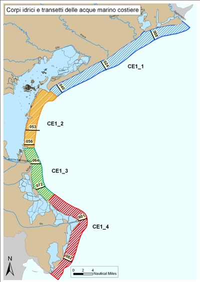 Mappa dei corpi idrici e transetti della Rete Regionale di Monitoraggio delle Acque marino costiere. Anno 2010. 