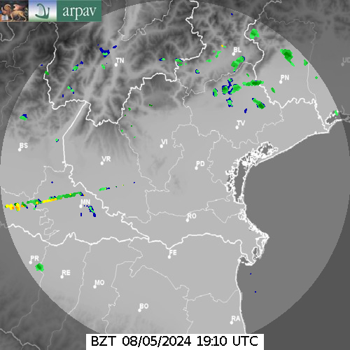 Radar Statico che ci mostra eventuali precipitazioni in atto in particolare sui settori veneti