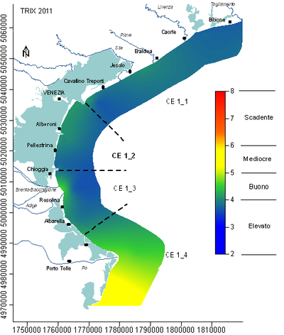 mappa dei valori medi annui di indice trofico TRIX nel 2011