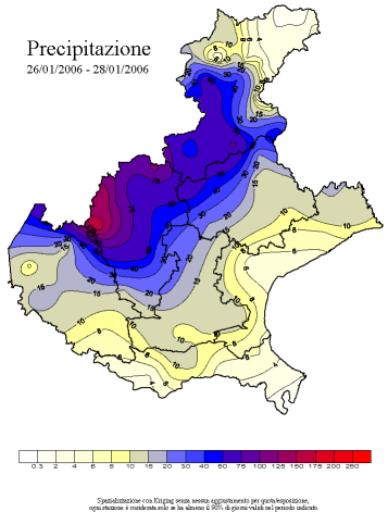 Mappa delle precipitazioni cumulate nel periodo 26-28 gennaio 2006 sul Veneto. La cartine evidenzia un nucleo esteso di abbondanti precipitazioni su tutto il settore prealpino, con massimo nella zona di Recoaro.