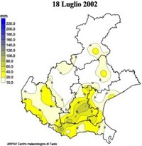 Mappa della precipitazione cumulata il 18 luglio 2002 sul Veneto. L'immagine evidenzia nuclei di precipitazione intensa (superiore ai 60 mm) nel padovano e nel rodigino occidentale.