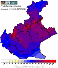 Mappa delle isoiete (linee ad eguale valore di precipitazione) per il periodo 15-17 marzo 2011