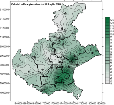 Spazializzazione delle raffiche di vento (massimo valore istantaneo di vento giornaliero) registrate il 28 luglio 2006. I valori di raffica, rilevati dalle stazioni a quote comprese tra 2 e 10 m, sono stati riportati alla quota 10 m, secondo la legge teorica di Monin-Obukhov.  