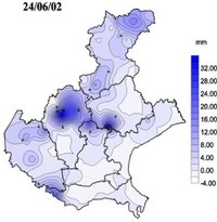 Mappa della precipitazione cumulata il 24 giugno 2002 sul Veneto. L'immagine evidenzia una zona di precipitazioni più intense tra le Prealpi vicentine e il trevigiano Sud-occidentale.
