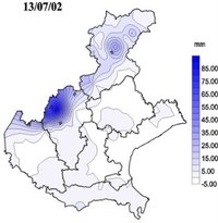 Mappa della precipitazione cumulata il 13 luglio 2002 sul Veneto. L'immagine evidenzia un nucleo di precipitazione principale su Val d'Astico e Val Posina, sulle Prealpi vicentine.