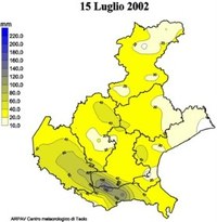 Mappa della precipitazione cumulata il 15 luglio 2002 sul Veneto. Il nucleo di precipitazione principale è concentrato tra Padova e Rovigo.