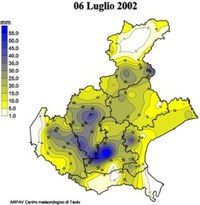 Mappa della precipitazione cumulata il 6 luglio 2002 sul Veneto. L'immagine evidenzia il nucleo di precipitazione principale nella zona collinare euganea.