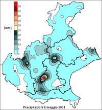 Mappa delle isoiete sul Veneto relativa al 8 maggio 2001.