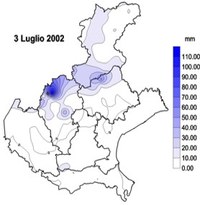 Mappa delle precipitazioni cumulate il 3 luglio 2002 sul territorio regionale. Nell'immagine si evidenziano tre nuclei di precipitazione principali, per lo più concentrati sulle Prealpi.