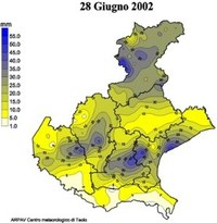 Mappa della precipitazione cumulata il 28 giugno 2002 sul Veneto. L'immagine evidenzia precipitazioni diffuse su tutto il territorio, localmente più intense sulla fascia centrale della pianura e nell'agordino.