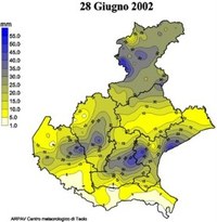 Mappa della precipitazione cumulata il 28 giugno 2002 sul Veneto. L'immagine evidenzia precipitazioni diffuse su tutto il territorio, localmente più intense sulla fascia centrale della pianura e nell'agordino.