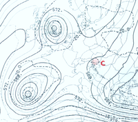 Carta sinottica al livello di geopotenziale 500 hPa per l'8 maggio 2001. In figura è evidenziato un nucleo di aria relativamente freddo (C nell'immagine).