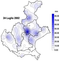Mappa della precipitazione cumulata il 24 luglio 2002 sul Veneto. Il nucleo di precipitazione principale è concentrato nella zona di Castelfranco Veneto.