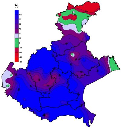 Mappa di surplus delle precipitazioni del bimestre giugno-luglio 2002 rispetto alla media di riferimento.