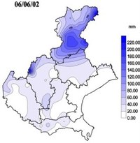 Mappa della precipitazione cumulata il 6 giugno 2002 sul Veneto. L'immagine evidenzia nuclei principali di precipitazione sul bellunese e alta Val d'Astico.