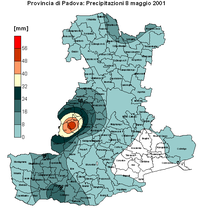 Zoom sulla mappa delle isoiete (linee ad egual precipitazione) per la provincia di Padova. In figura è ben evidente il nucleo di intensa precipitazione che ha interessato la parte centro occidentale della provincia, tra i Colli Euganei e i confini con la provincia di Vicenza.