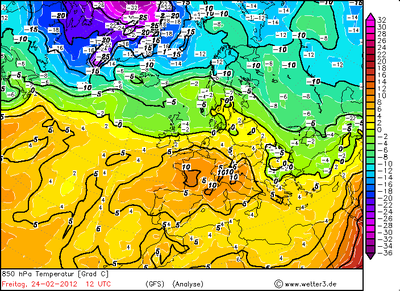 Carta relativa alla temperatura a 850 hPa il 24 febbraio 2012 alle 12 UTC [fonte www.wetter3.de/Archiv]