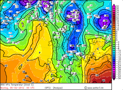 Carta relativa alla temperatura a 850 hPa il 6 febbraio 2012 alle 06 UTC [fonte www.wetter3.de/Archiv]